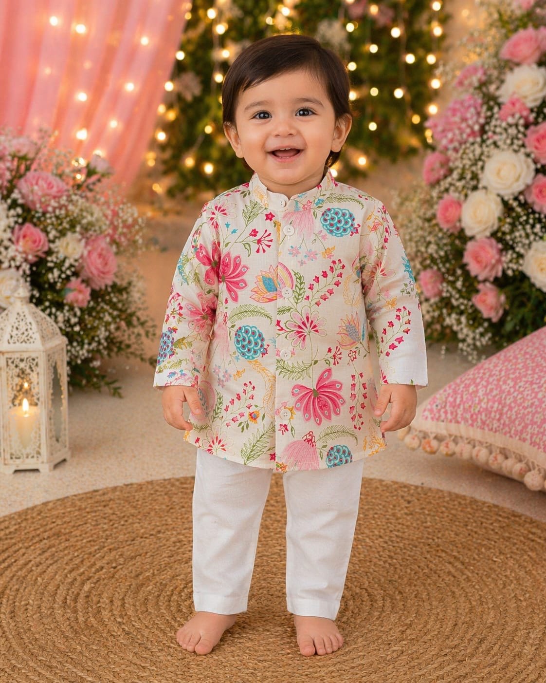 Young boy dressed in festive ethnic wear from Dude & Dolls, featuring traditional embroidery and a comfortable fit