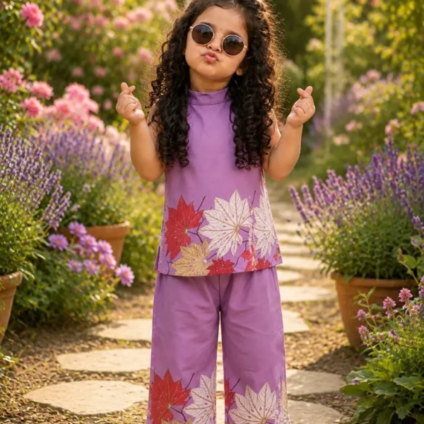 Lavender Maple Leaf Cotton Co-ord Set with High-Neck Top & Flared Pants