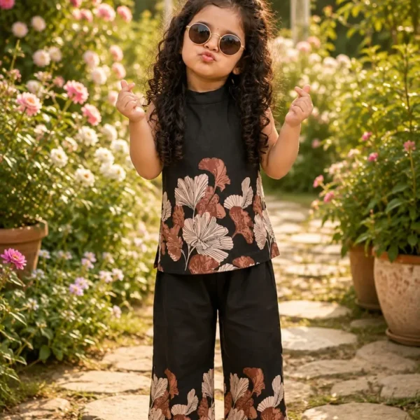 Black Floral Cotton Co-ord Set with High-Neck Top & Flared Pants
