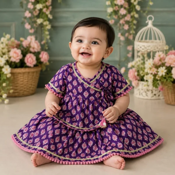 Royal Purple Floral Cotton Peplum Top & Flared Skirt Set