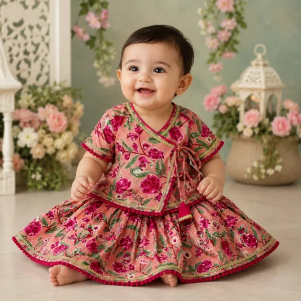 Rose Pink Floral Cotton Peplum Top & Flared Skirt Set
