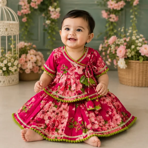 Pink Floral Cotton Peplum Top & Flared Skirt Set with Gota Work