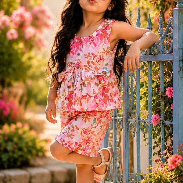 Floral Cotton Peplum Top & Frilled Shorts Set
