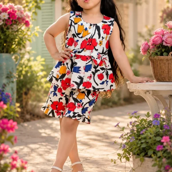 Vibrant Floral Cotton Peplum Top & Frilled Shorts Set
