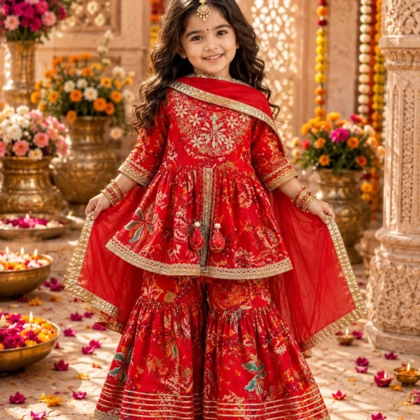 Red Floral Modal Muslin Sharara Set with Embroidered Yoke
