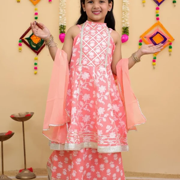 Peach Blossom Floral Cotton Halter Neck Sharara Set