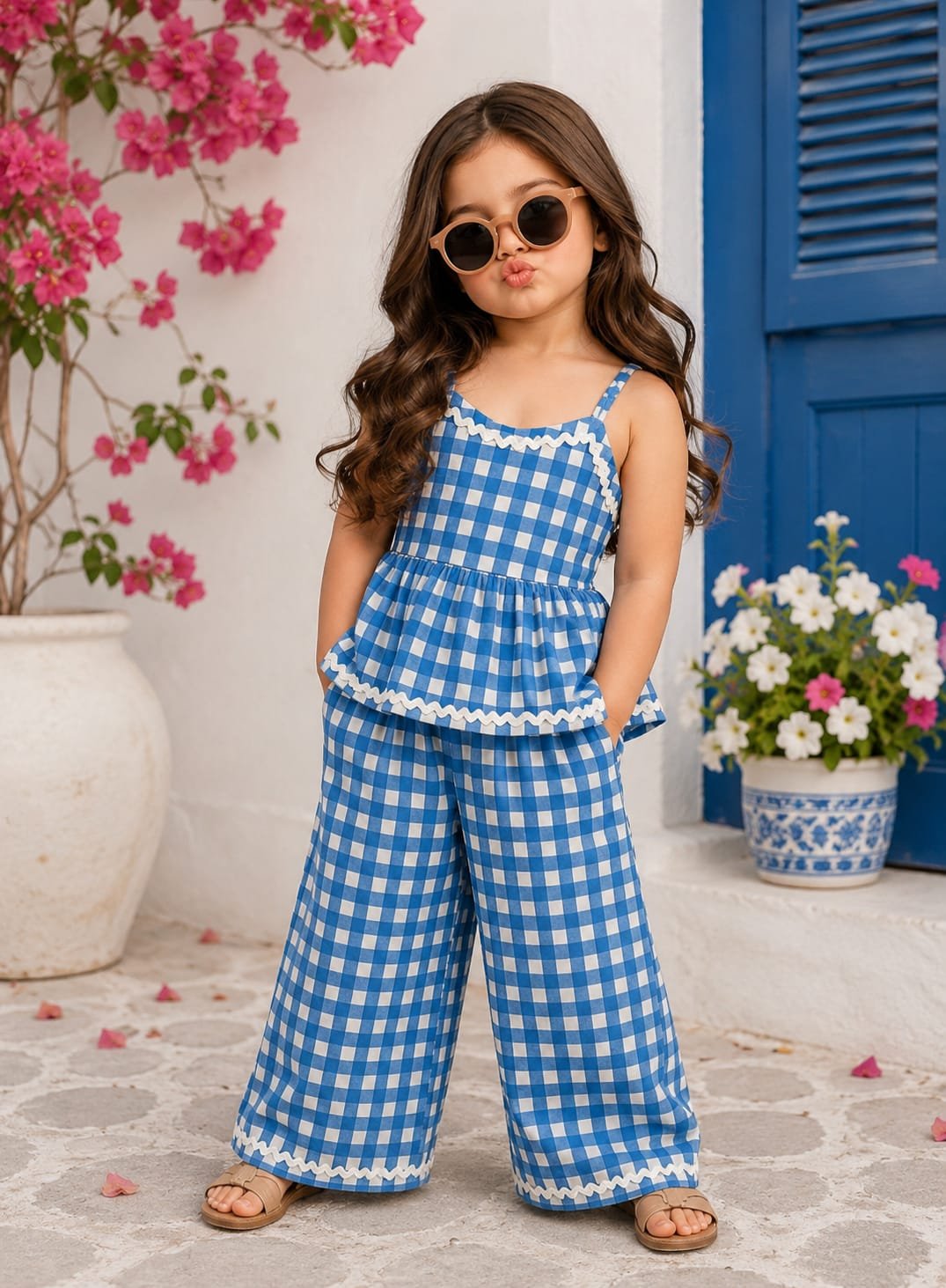 Young girl wearing a blue and white checkered ethnic co-ord set, styled for a chic and comfortable festive look - Dude & Dolls co-ord set collection.
