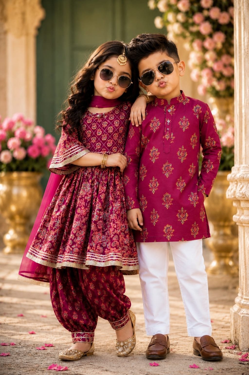 Brother and sister wearing matching pink festive ethnic outfits, perfect for Rakhi celebrations - Dude & Dolls sibling set.