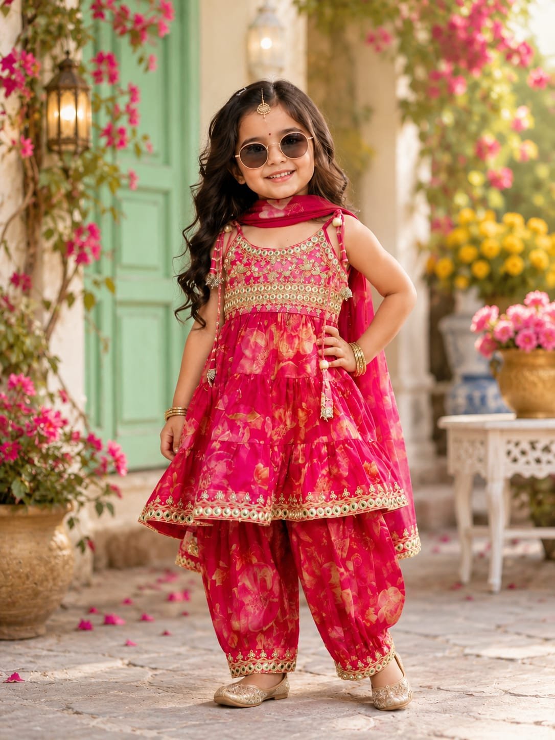 Young girl wearing a vibrant pink ethnic co-ord set with traditional floral embroidery, styled for festive occasions - Dude & Dolls ethnic wear collection.