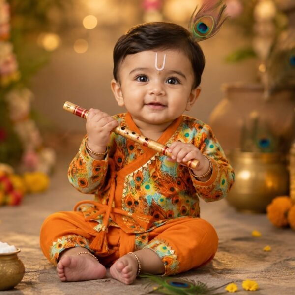 Janmashtami Special Baby Krishna Outfit in Orange Peacock Print | Kids Festive Wear
