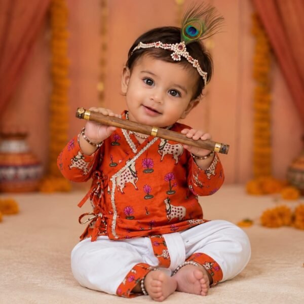 Rust Orange Cow & Lotus Print Baby Krishna Outfit for Janmashtami | Festive Wear