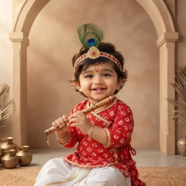 Infant baby boy wearing a red geometric-print cotton Krishna Angrakha top and white dhoti pants, styled with a peacock feather headgear and flute.