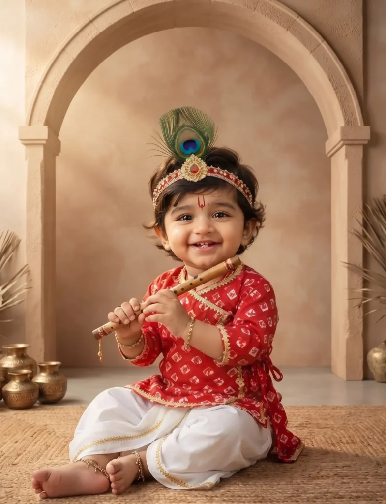 Infant baby boy wearing a red geometric-print cotton Krishna Angrakha top and white dhoti pants, styled with a peacock feather headgear and flute.