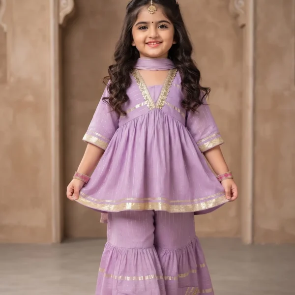 Little girl wearing a lavender peplum kurta with gold zari detailing, matching tiered sharara pants, and a coordinating sheer scarf.