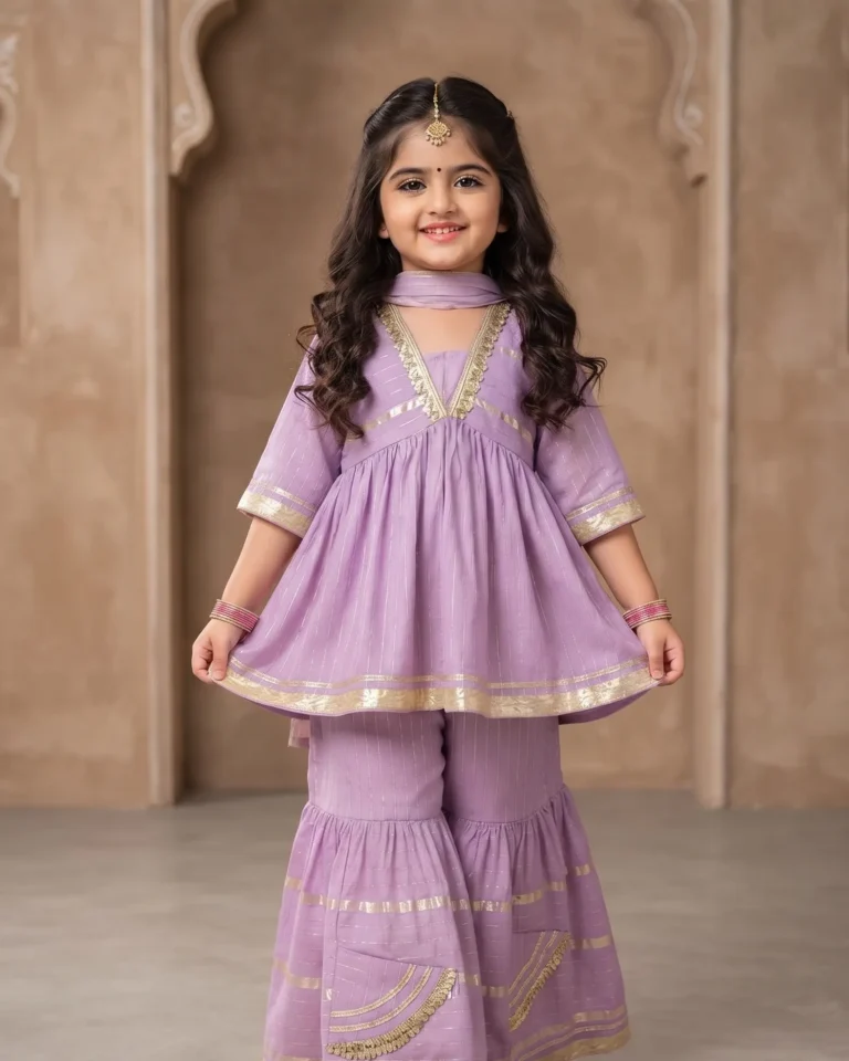 Little girl wearing a lavender peplum kurta with gold zari detailing, matching tiered sharara pants, and a coordinating sheer scarf.