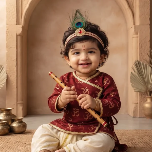 Infant baby boy wearing a maroon Om-printed cotton Krishna Angrakha outfit with matching dhoti pants, accessorized with a peacock feather crown.