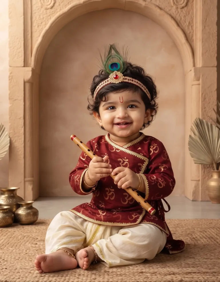Infant baby boy wearing a maroon Om-printed cotton Krishna Angrakha outfit with matching dhoti pants, accessorized with a peacock feather crown.