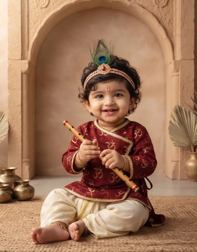 Infant baby boy wearing a maroon Om-printed cotton Krishna Angrakha outfit with matching dhoti pants, accessorized with a peacock feather crown.