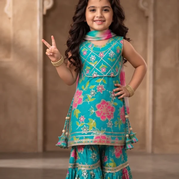 Little girl wearing a blue floral print cotton sleeveless kurti featuring mirror-style yoke detailing and side tassels, matched with a tiered sharara and dupatta.
