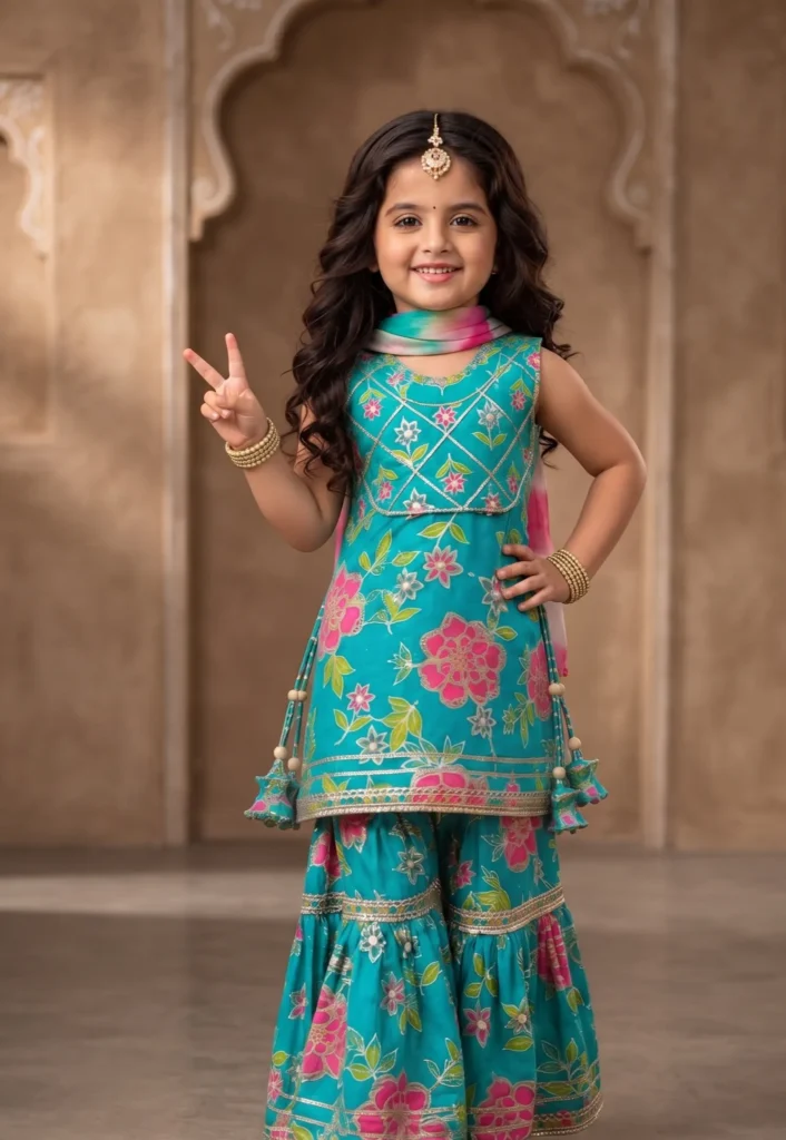 Little girl wearing a blue floral print cotton sleeveless kurti featuring mirror-style yoke detailing and side tassels, matched with a tiered sharara and dupatta.