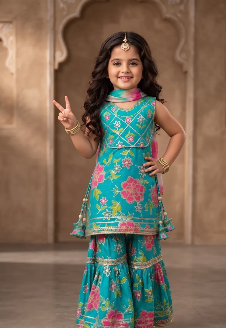Little girl wearing a blue floral print cotton sleeveless kurti featuring mirror-style yoke detailing and side tassels, matched with a tiered sharara and dupatta.