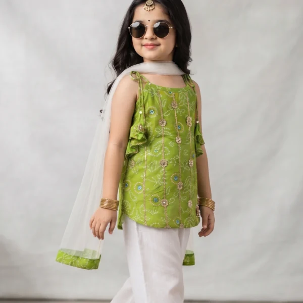Little girl wearing a vibrant green pure cotton ethnic kurti with detailed Gota patti embellishments, paired with classic white pants and a coordinating sheer dupatta.