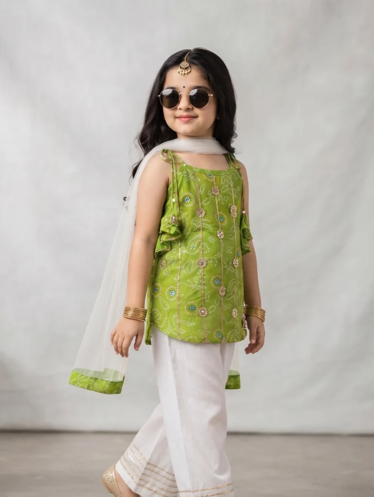 Little girl wearing a vibrant green pure cotton ethnic kurti with detailed Gota patti embellishments, paired with classic white pants and a coordinating sheer dupatta.