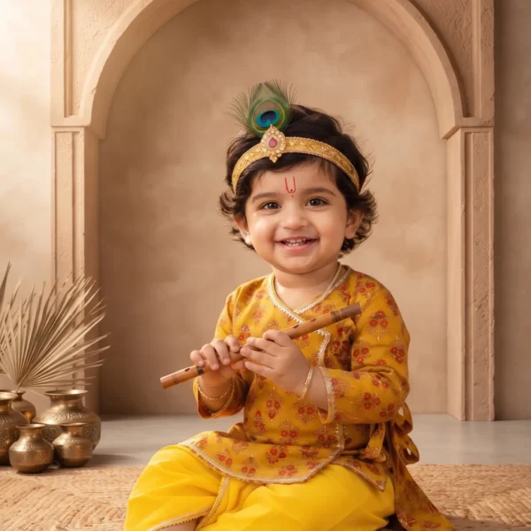 Infant baby boy wearing a mustard yellow floral-print cotton Krishna Angrakha and dhoti set, holding a flute and wearing a traditional peacock feather headband.
