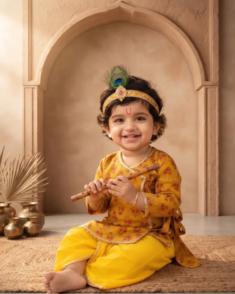 Infant baby boy wearing a mustard yellow floral-print cotton Krishna Angrakha and dhoti set, holding a flute and wearing a traditional peacock feather headband.