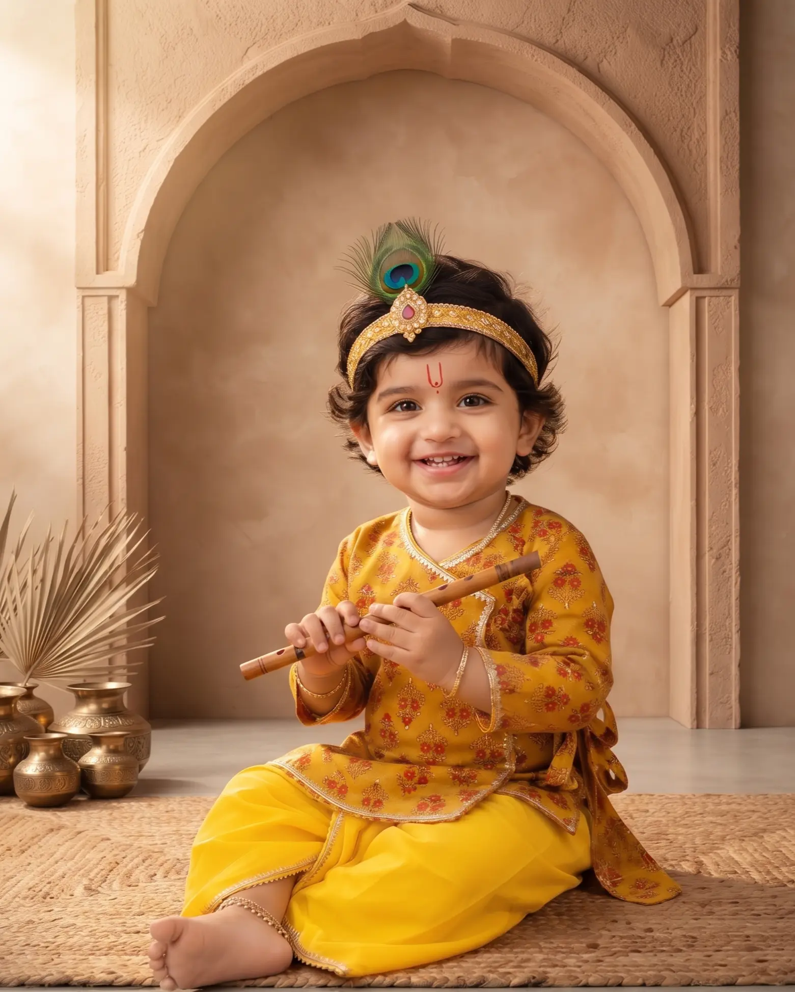 Infant baby boy wearing a mustard yellow floral-print cotton Krishna Angrakha and dhoti set, holding a flute and wearing a traditional peacock feather headband.