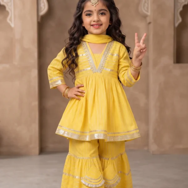 Little girl wearing a bright yellow peplum kurta with metallic gold accents, flared sharara pants, and a matching scarf.