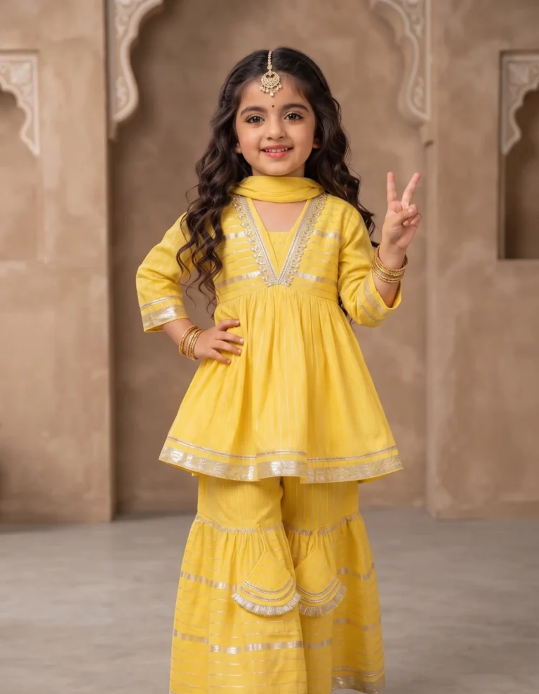 Little girl wearing a bright yellow peplum kurta with metallic gold accents, flared sharara pants, and a matching scarf.