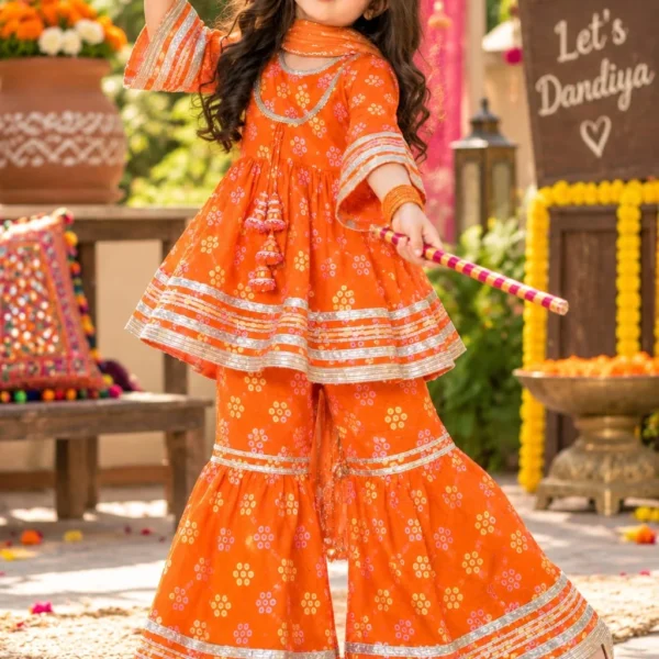 Vibrant Orange Bandhani Print Cotton Sharara Set for Girls