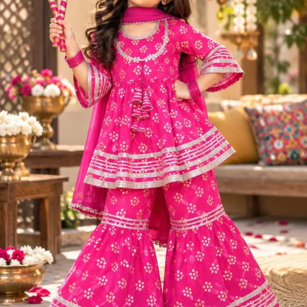 Vibrant Pink Bandhani Print Cotton Sharara Set for Girls
