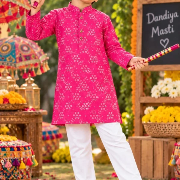 Vibrant Pink Bandhani Print Cotton Kurta with Pyjama for Boys