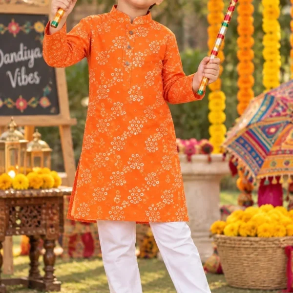 Vibrant Orange Bandhani Print Cotton Kurta with Pyjama for Boys