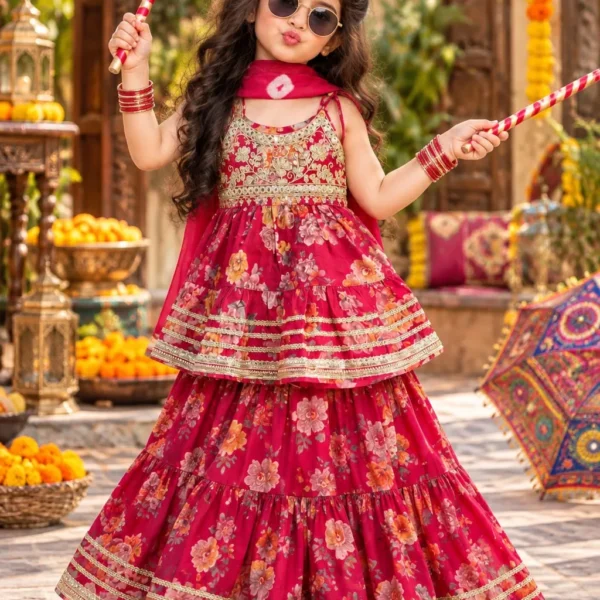 Floral Print Cotton Peplum Sharara Set for Girls