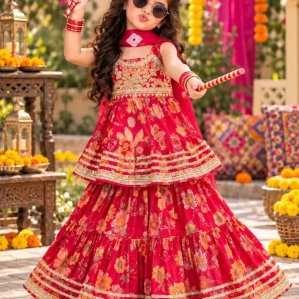 Floral Print Cotton Peplum Sharara Set for Girls