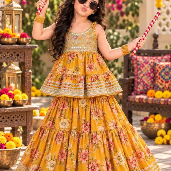 Floral Print Cotton Peplum Sharara Set for Girls