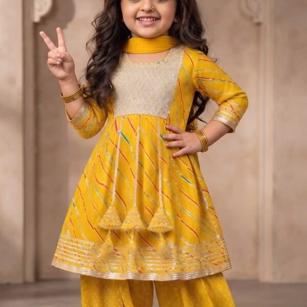Kids Yellow Gota Work Flared Kurta with Patiala Salwar & Dupatta Set
