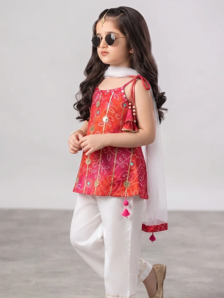 Little girl wearing an orange-pink gradient pure cotton festive kurti featuring rich Gota patti work, shoulder tassels, white pants with a Gota border, and a matching sheer dupatta.