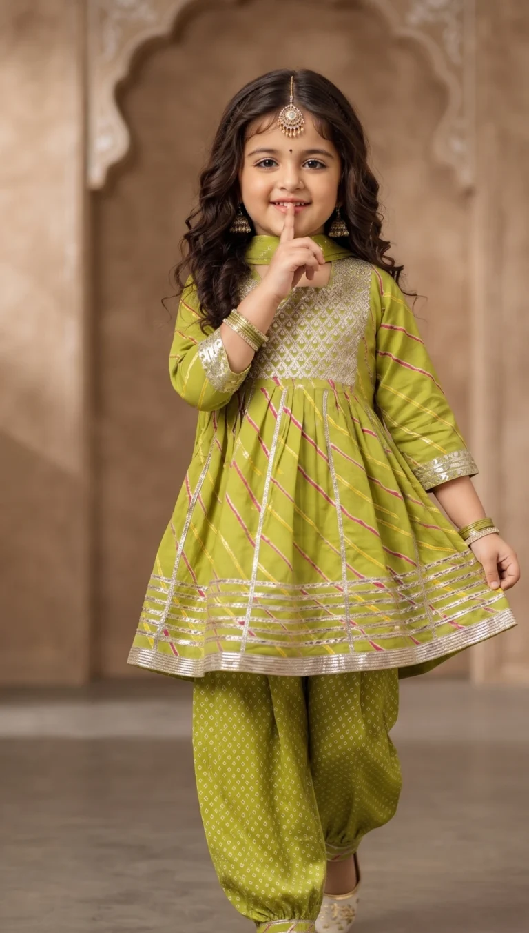 Little girl wearing a green ethnic flared kurta with intricate gota work, paired with a matching Patiala salwar and chiffon dupatta for festive wear.