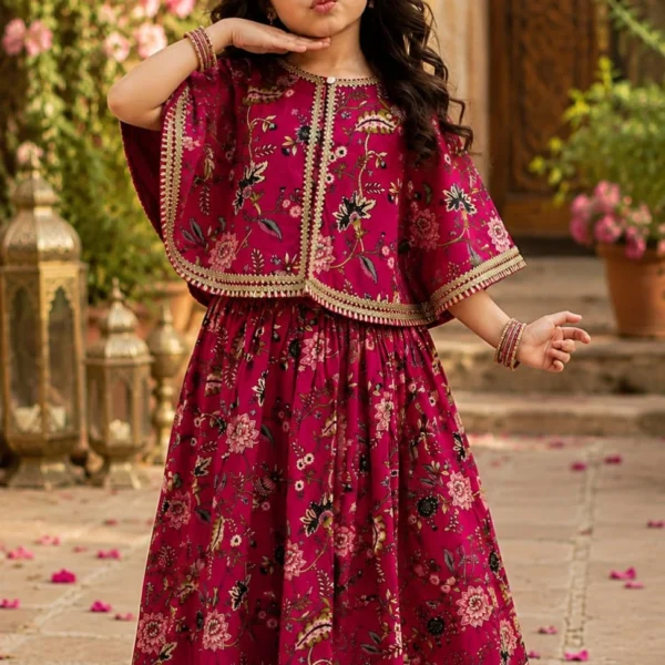 Little girl wearing a vibrant pink pure cotton skirt choli set featuring a flared umbrella shrug with golden gota trim, traditional floral prints, and shimmer accents