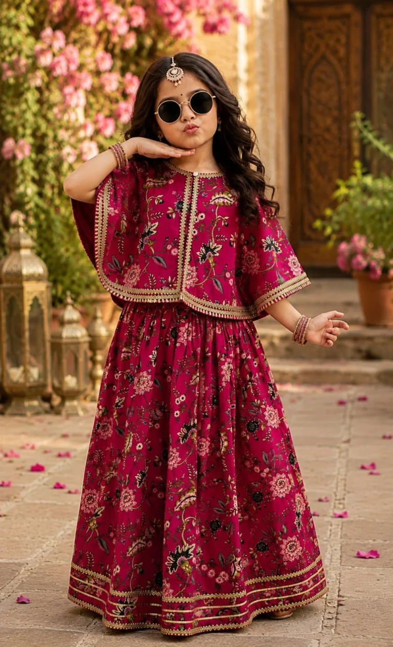 Little girl wearing a vibrant pink pure cotton skirt choli set featuring a flared umbrella shrug with golden gota trim, traditional floral prints, and shimmer accents