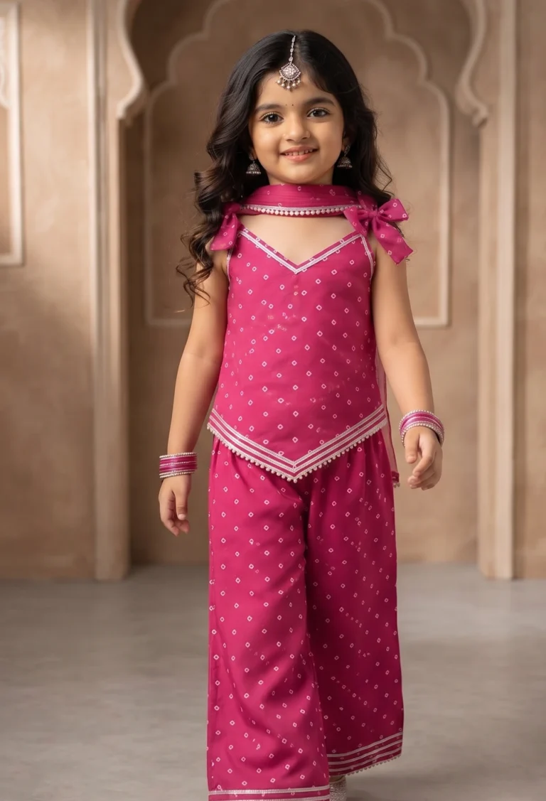 Little girl wearing a vibrant pink pure cotton Indo-Western outfit featuring an asymmetric tie-knot strap top and matching palazzo pants with delicate silver detailing.