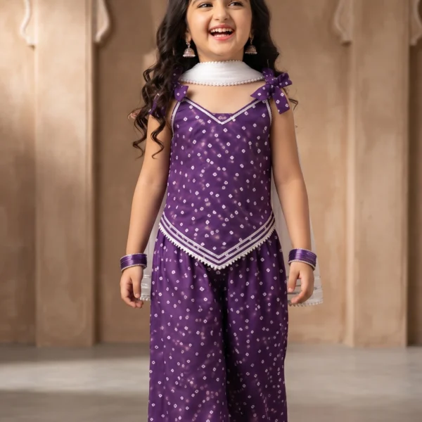 Little girl wearing a purple pure cotton Indo-Western top with tie-knot shoulder straps and a pointed hem, paired with matching palazzo pants and silver trim.