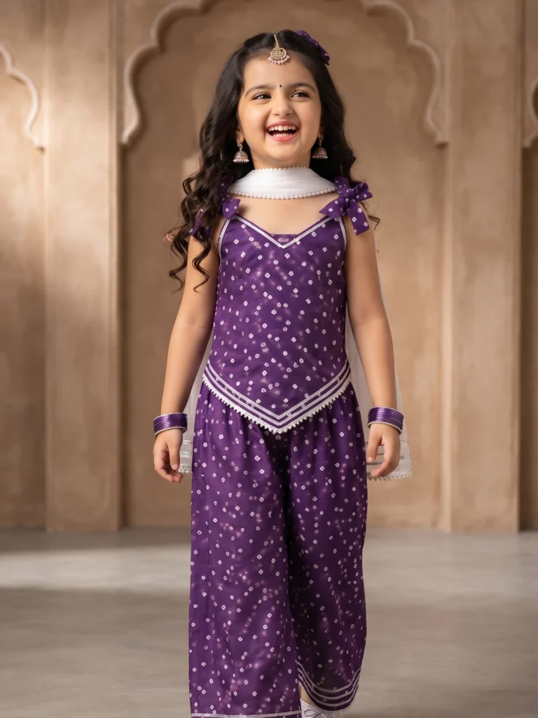 Little girl wearing a purple pure cotton Indo-Western top with tie-knot shoulder straps and a pointed hem, paired with matching palazzo pants and silver trim.