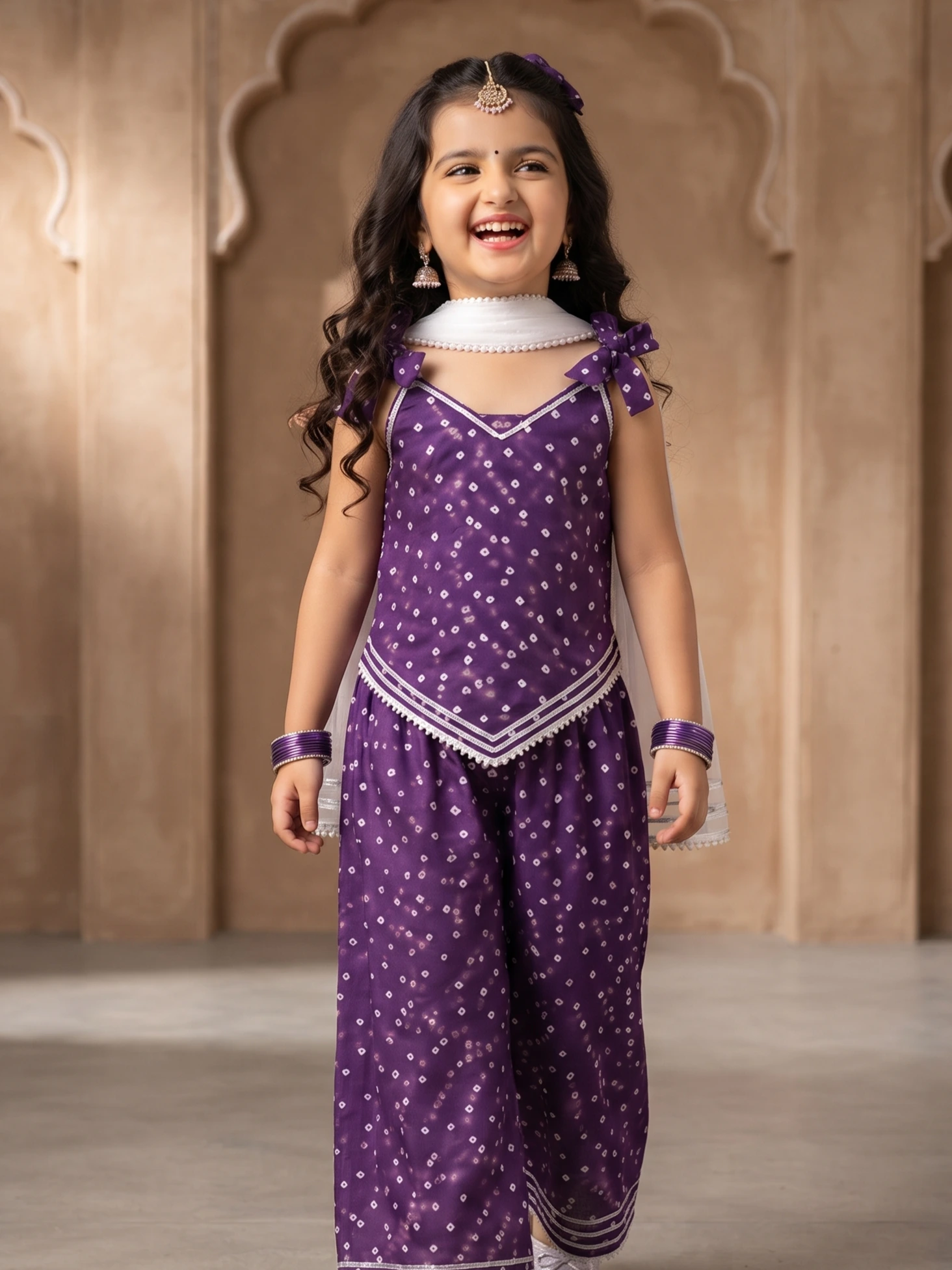Little girl wearing a purple pure cotton Indo-Western top with tie-knot shoulder straps and a pointed hem, paired with matching palazzo pants and silver trim.