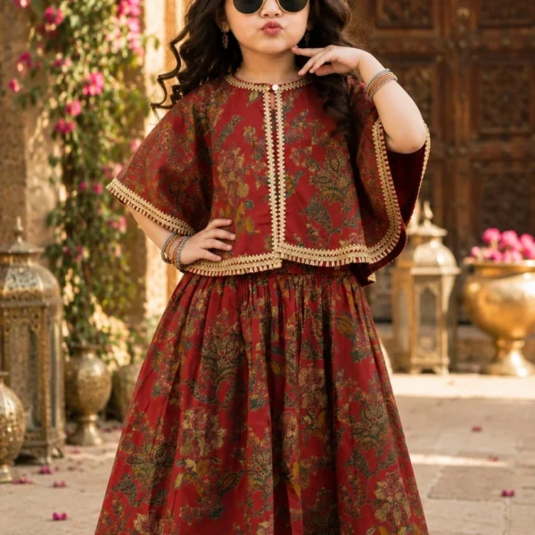 Little girl wearing a deep red pure cotton skirt choli set styled with a chic umbrella shrug, golden gota detailing, and traditional floral prints.