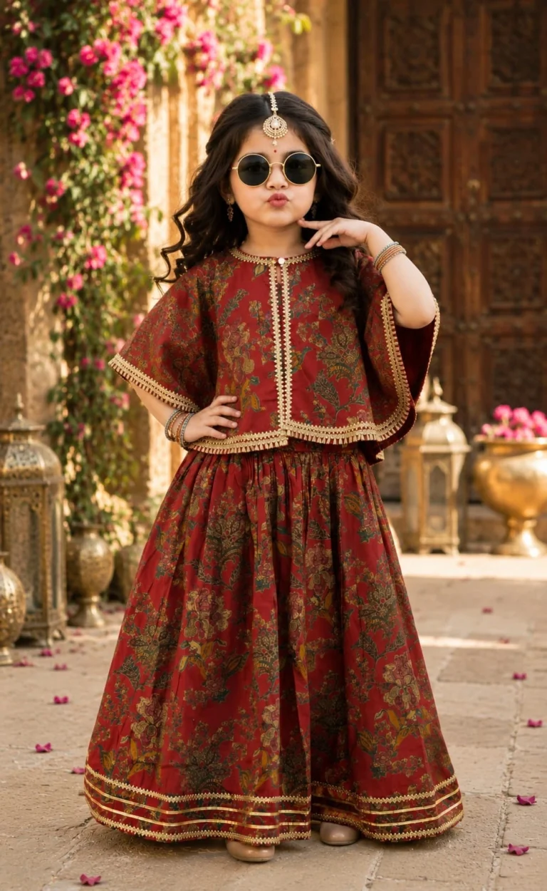 Little girl wearing a deep red pure cotton skirt choli set styled with a chic umbrella shrug, golden gota detailing, and traditional floral prints.